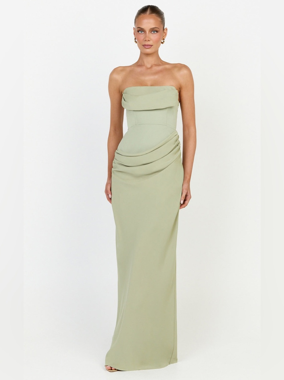 Showpo Sage Green Strapless Draped Gown